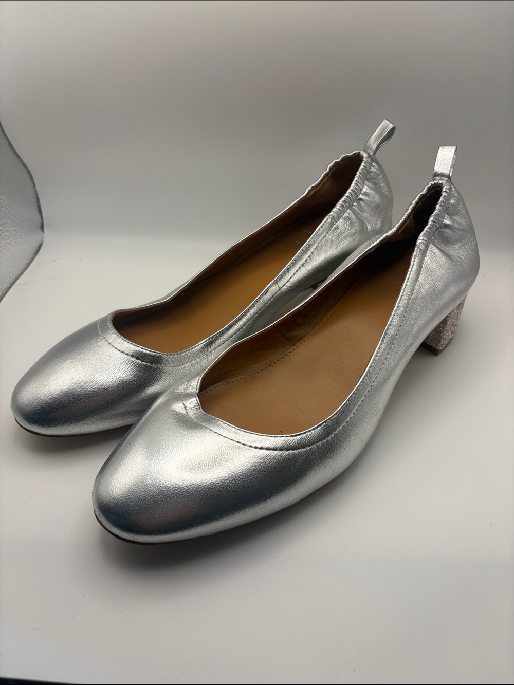 J. Crew Silver Low Block Glitter Heel Ballet Pump